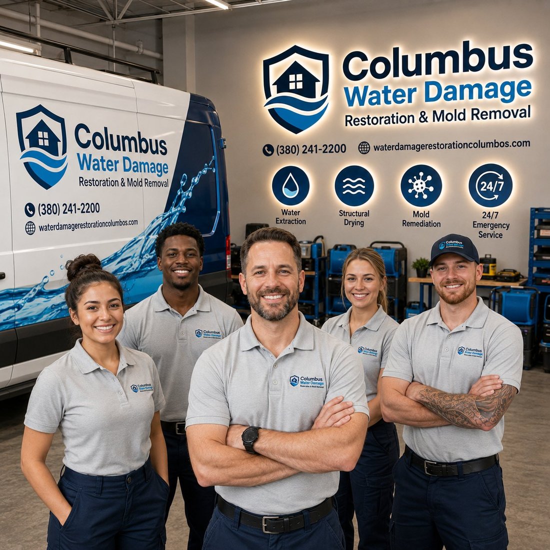 The Columbus Water Damage Restoration & Mold Removal team in front of their service van
