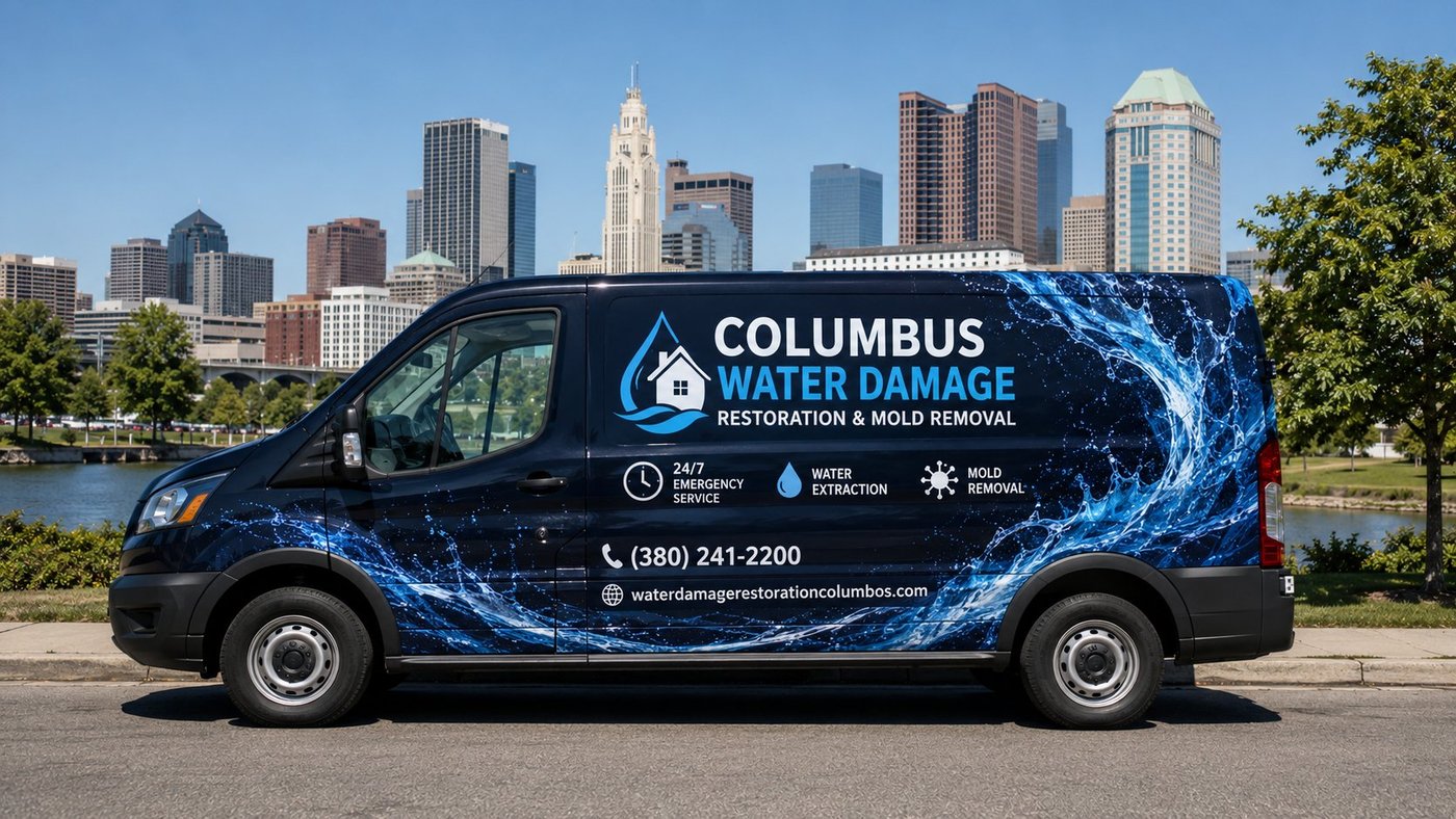 Columbus Water Damage Restoration & Mold Removal service van in front of the Columbus skyline